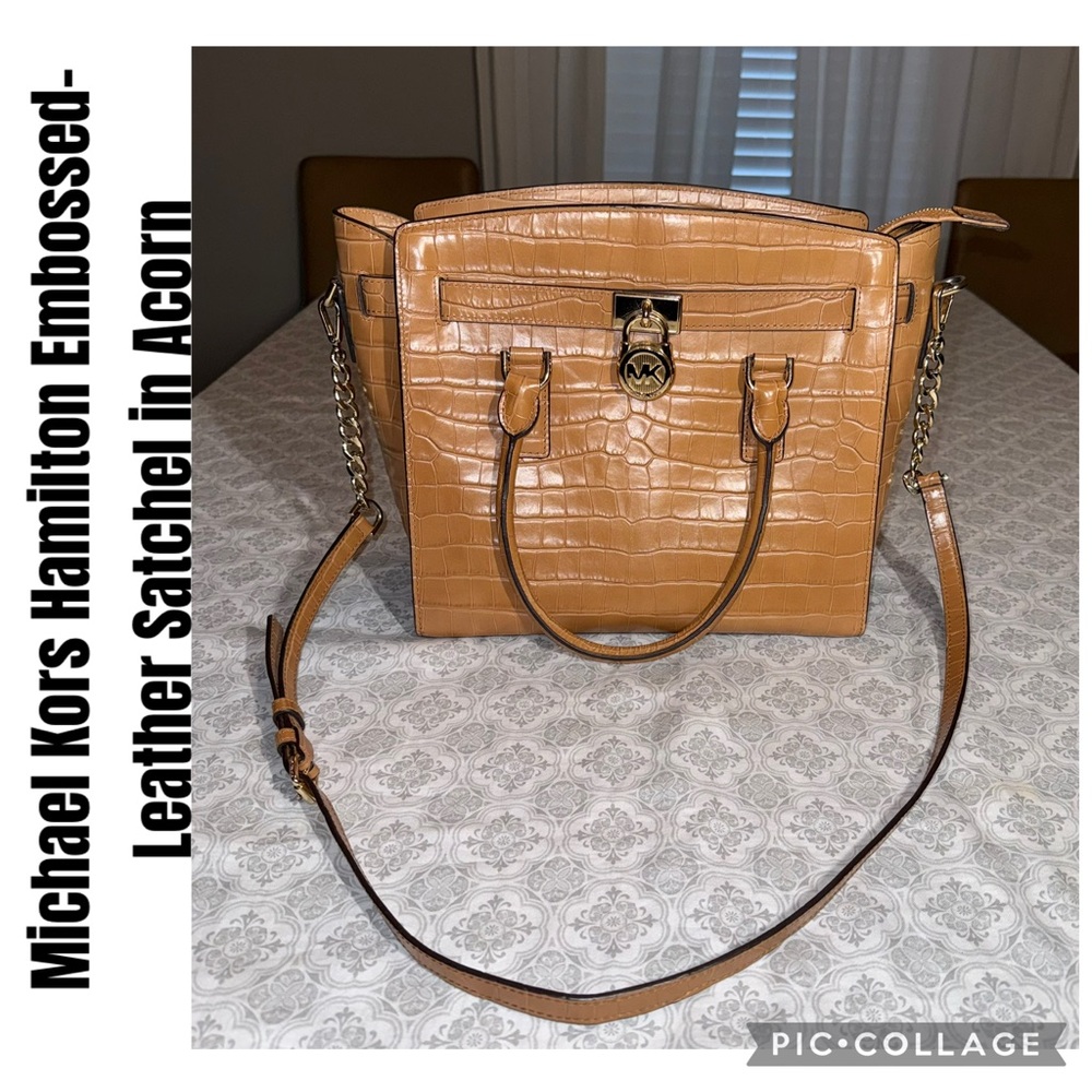 Michael Kors Hamilton Embossed-Leather Satchel in Acorn